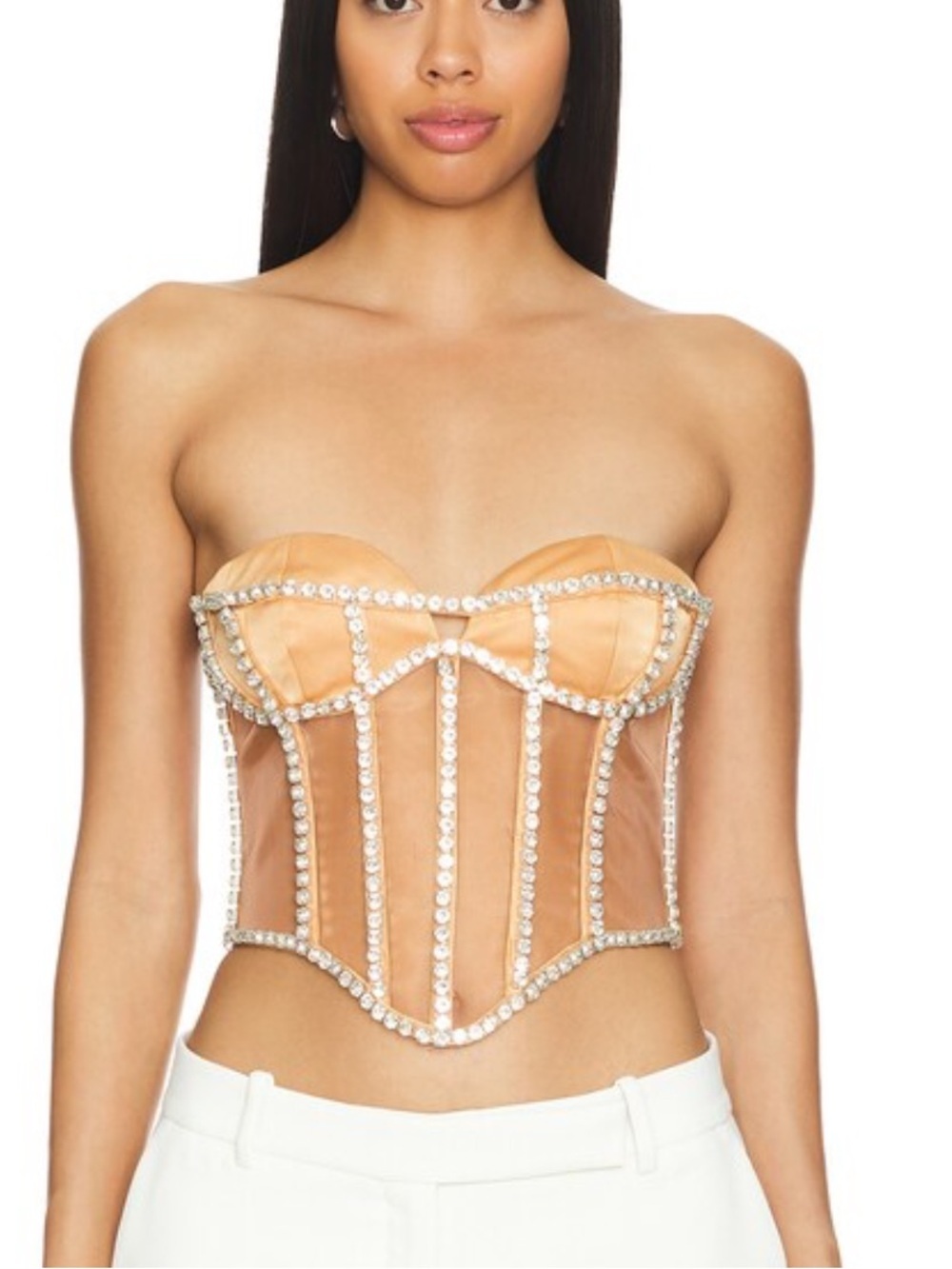 Camila Coelho South Beach Corset Tan Satin Bustier Crystal Trim Revolve S